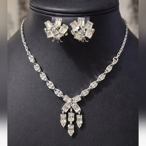 Vintage Bogoff Crystal Drop Silver-Tone Necklace and Earrings Set